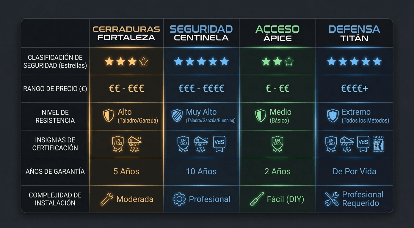 Tabla comparativa de cerraduras antibumping: Fortaleza, Seguridad Centinela, Acceso Ápice y Defensa Titán