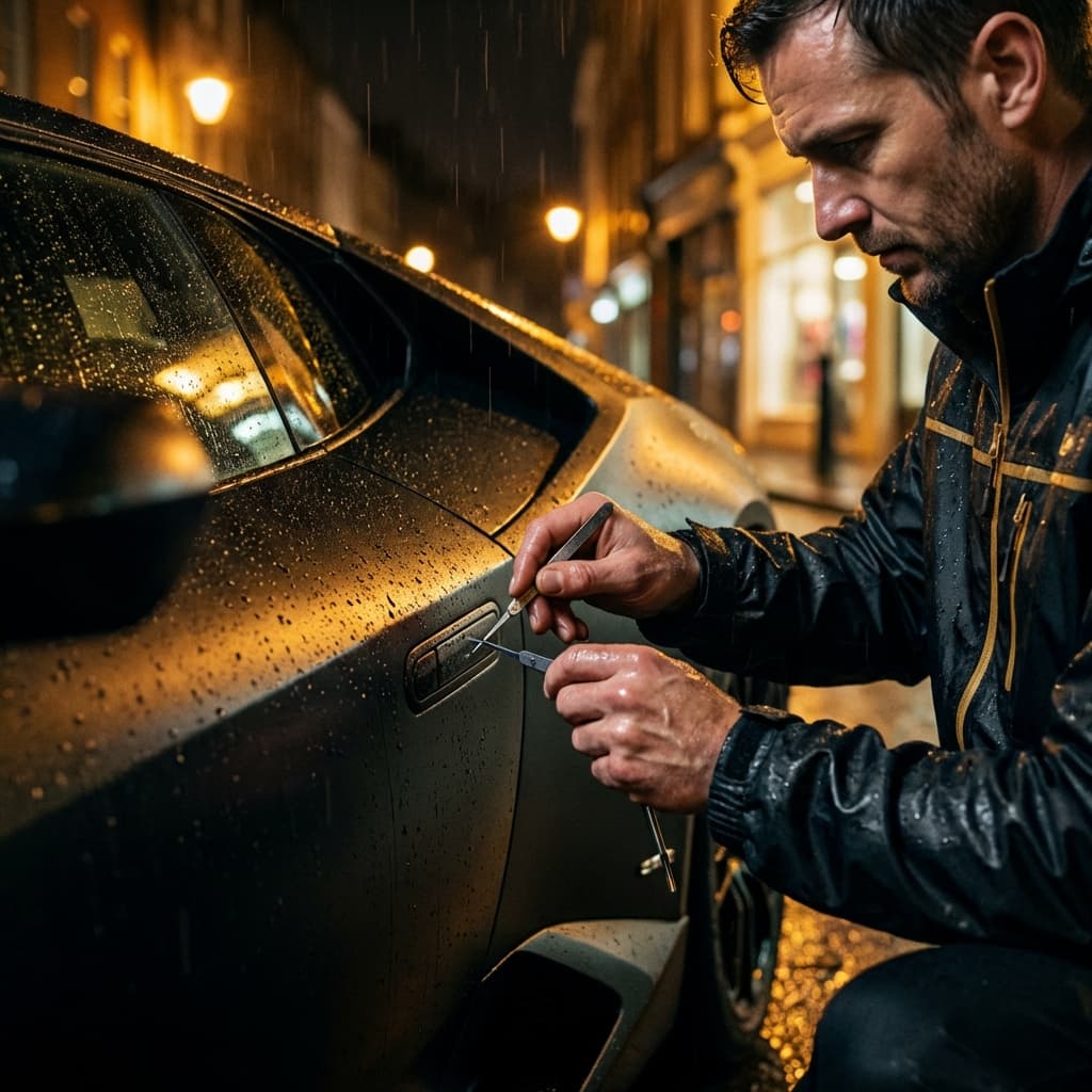 Cerrajero experto abriendo coche de lujo sin daños en Boadilla