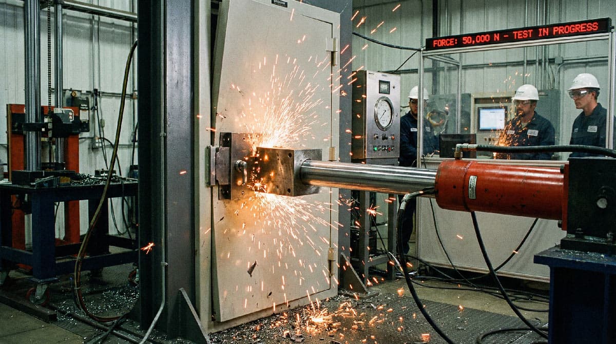 Ensayo de resistencia de puerta de seguridad en laboratorio