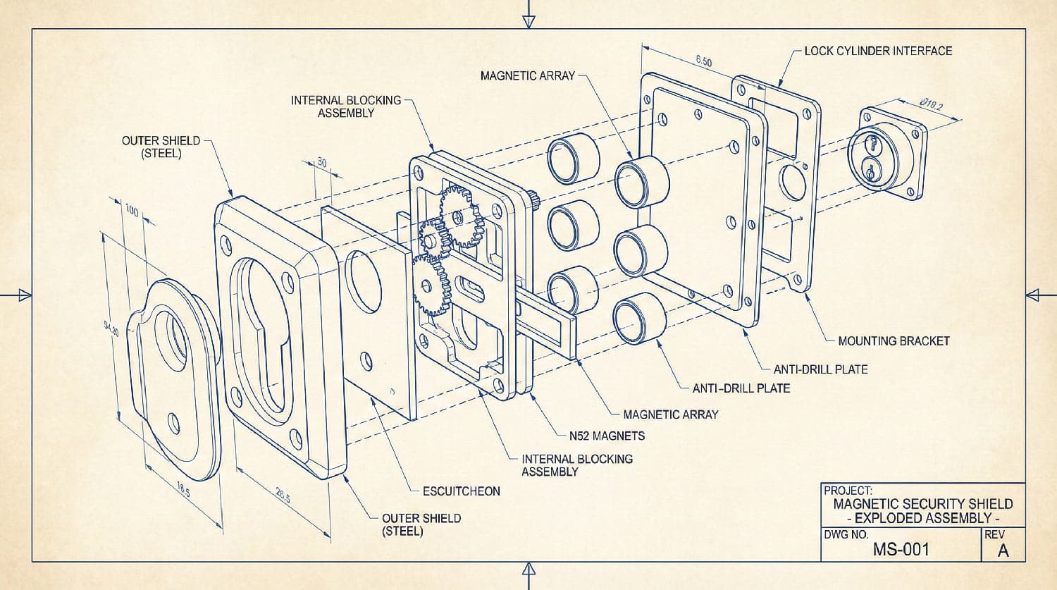 Diagrama explosivo de un escudo magnético de seguridad