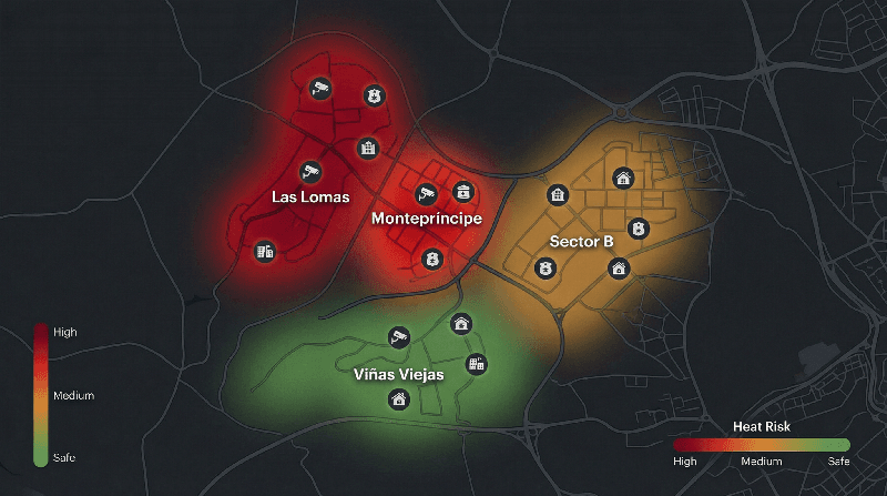Mapa de calor de zonas de riesgo de robo en Boadilla del Monte: Las Lomas, Montepríncipe, Sector B y Viñas Viejas